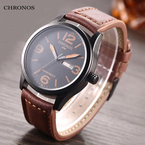 chronos mens classic quartz watches complete calendar waterproof sewing side leather buckle belt male wristwatches ch15, Slivery;brown